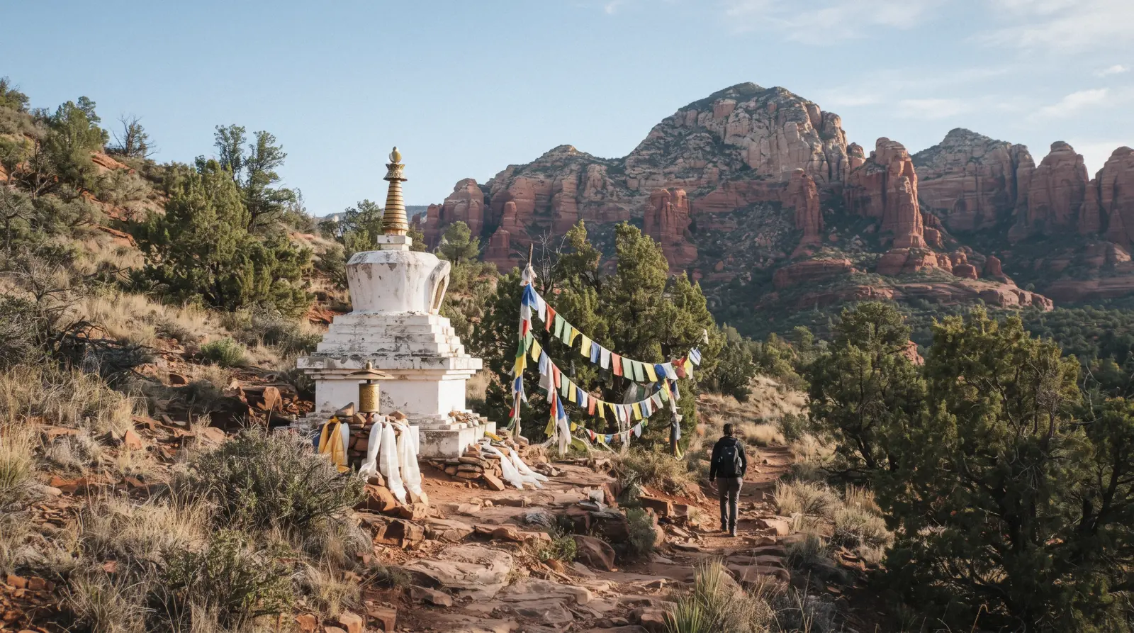 The white dome of the Amitabha Stupa in West Sedona with colorful prayer flags strung above the path and red rock hills behind it