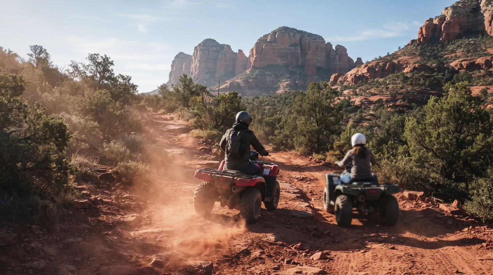 A rider on a straddle-seat ATV on a dusty red dirt trail below Sedona's red rock formations, from our sedona atv tours guide