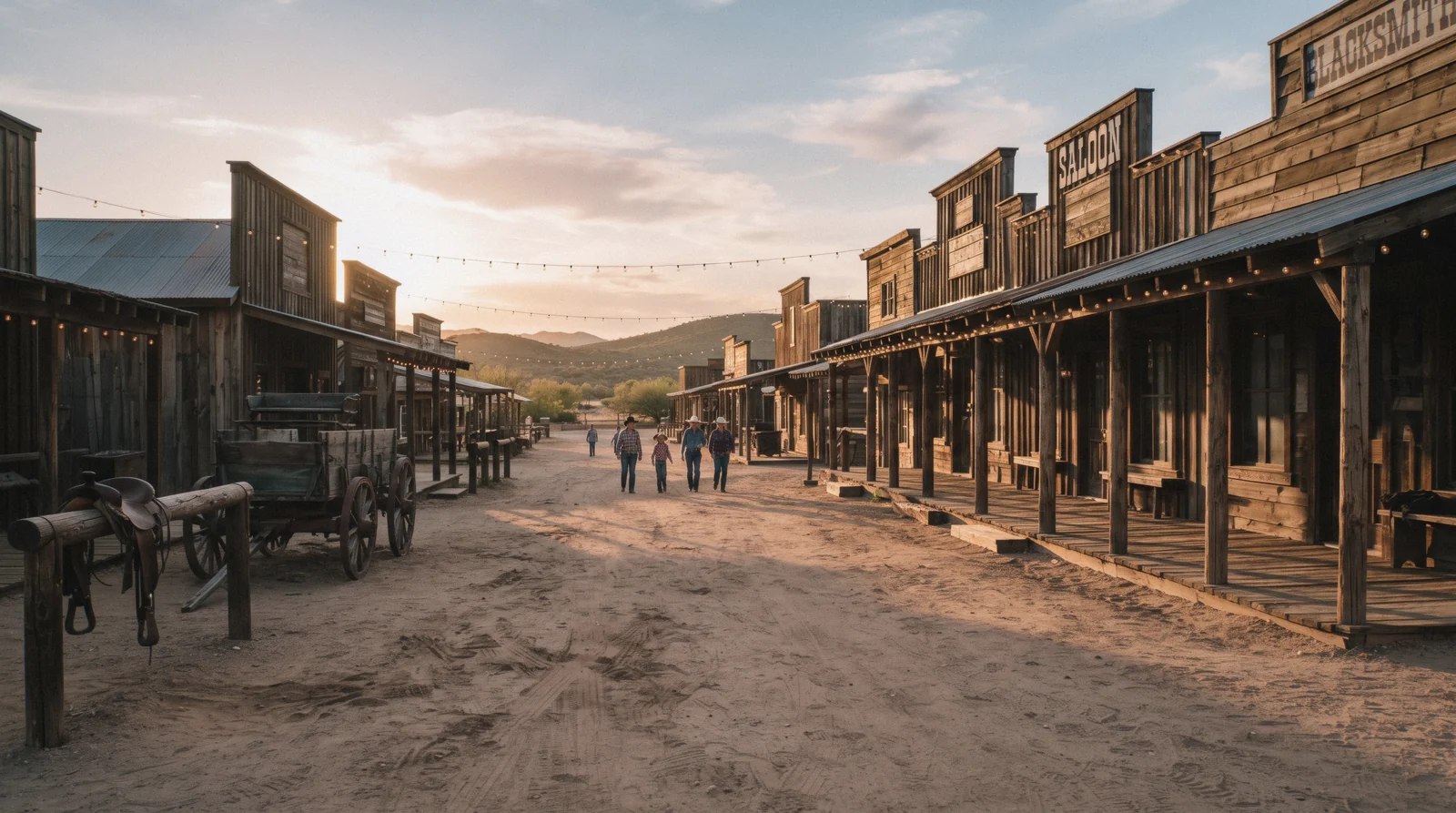 Wooden frontier-town storefronts lit by lanterns at dusk on a frontier-style street at golden hour, the kind of evening a Blazin' M Ranch visit in Cottonwood, Arizona is built around
