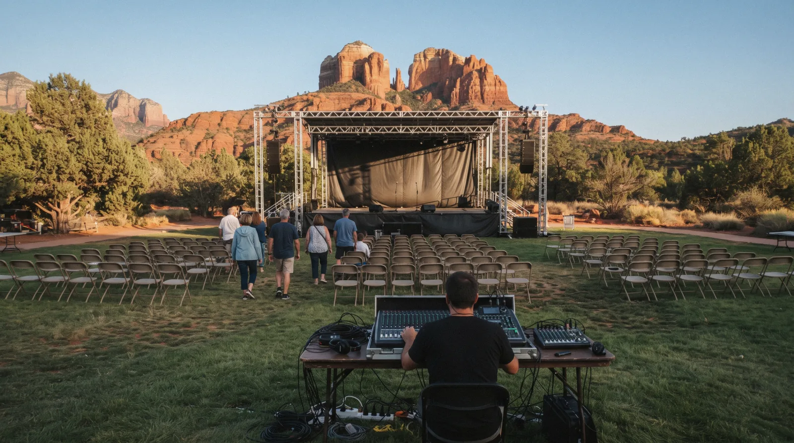 An outdoor stage and folding chairs set up on a lawn with the red rock skyline behind, an early evening event setup in Sedona