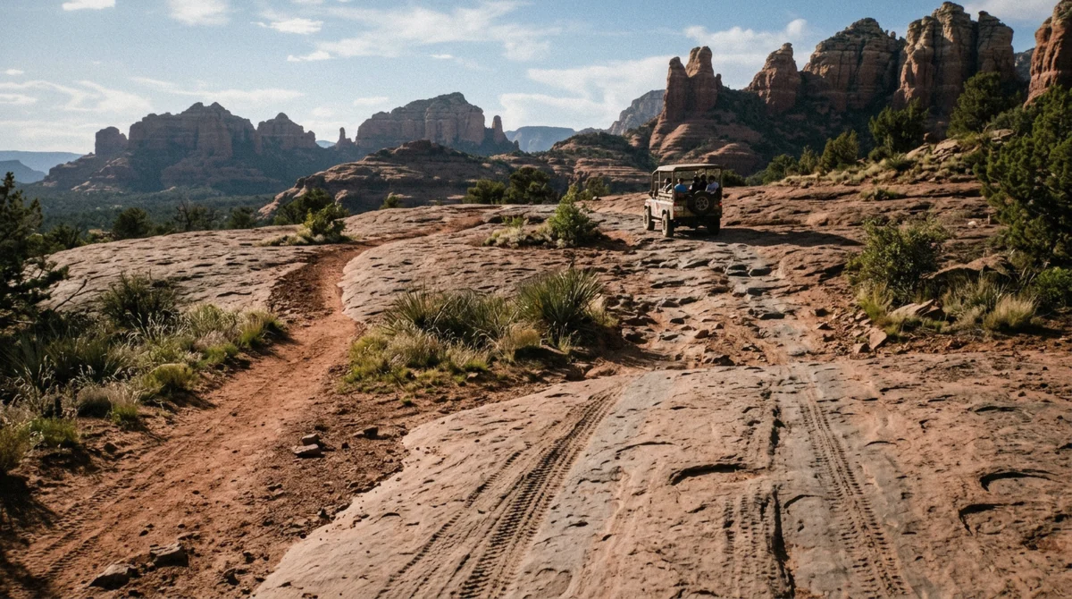 An open-air pink jeep parked beside a Coconino National Forest trailhead sign, comparing a sedona jeep tour to hiking the same red rock terrain