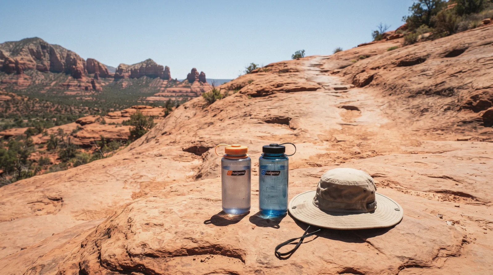 A hiker with a full water bottle setting out early on an exposed red rock trail, following Sedona hiking safety guidance