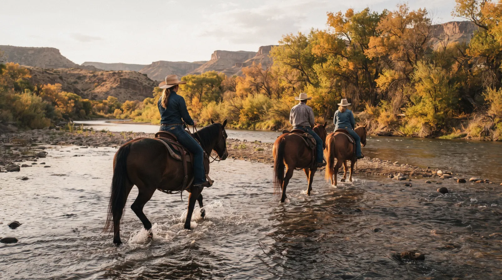 A line of riders on horseback crossing the Verde River near Cottonwood, Arizona, on a horseback ride near Sedona