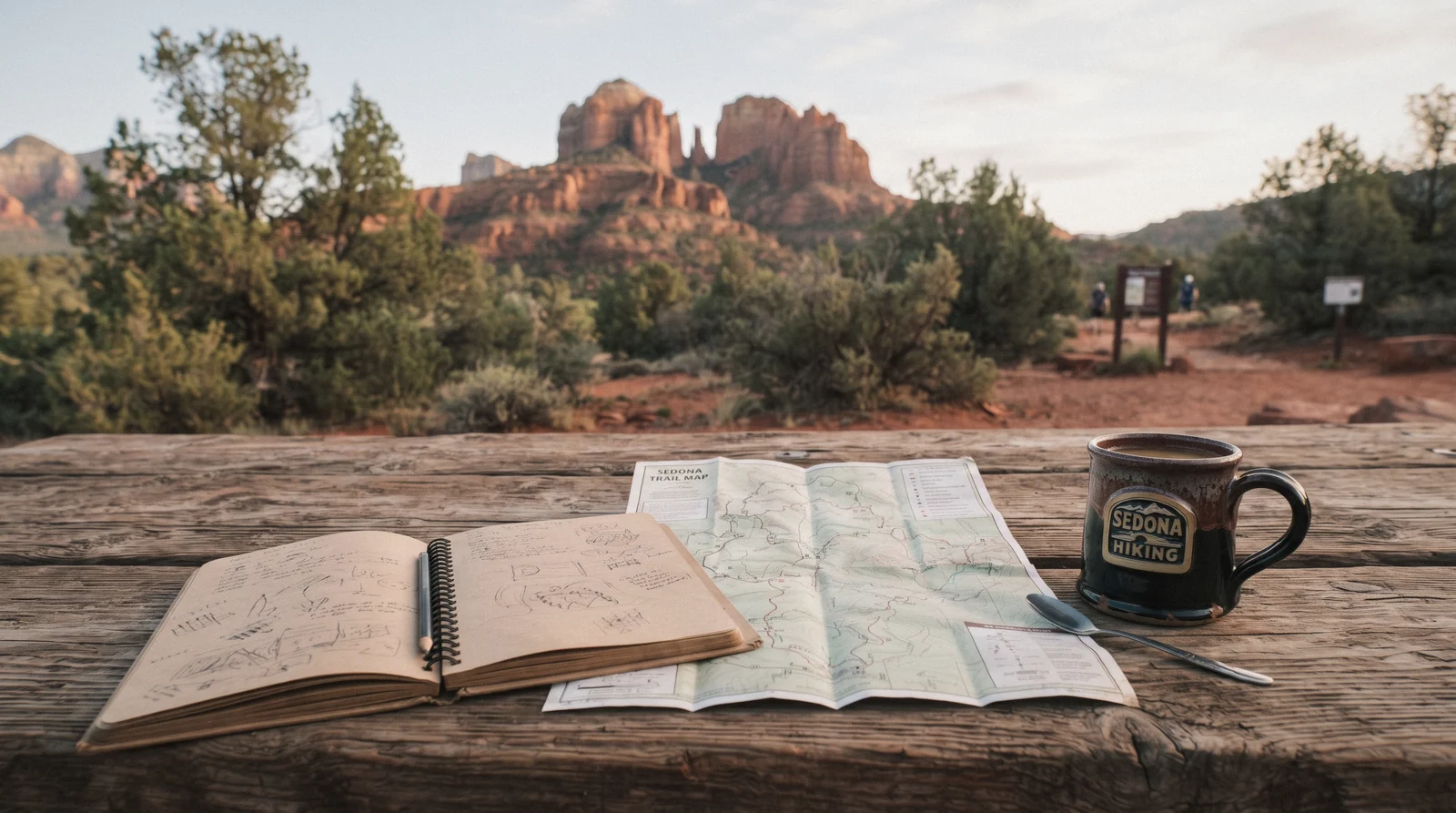 A printed trail map and a phone calendar on a table with red rock visible through a window, planning how far ahead to book a Sedona trip