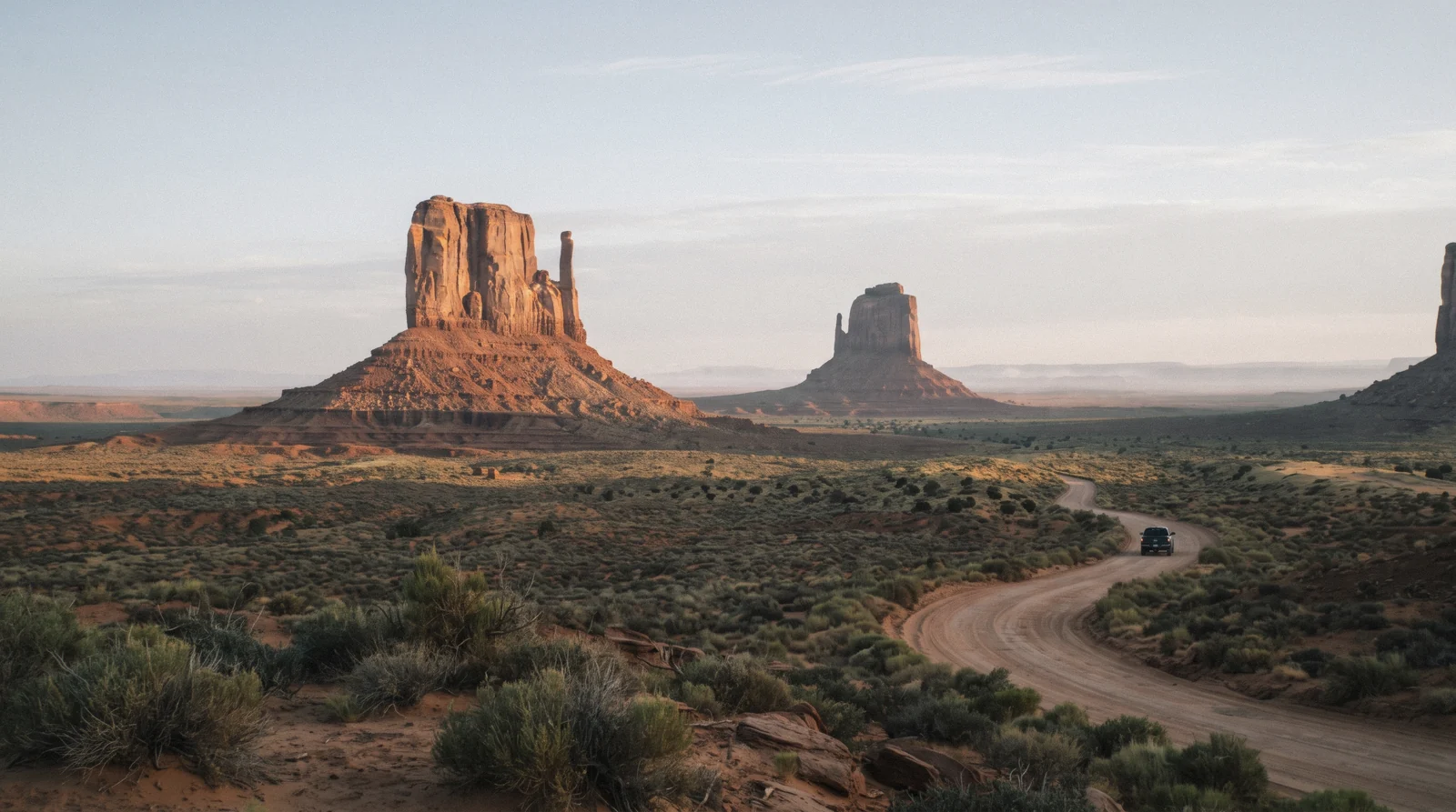 The East and West Mitten Buttes seen from the visitor center overlook, the view most people come for on a monument valley tour from sedona