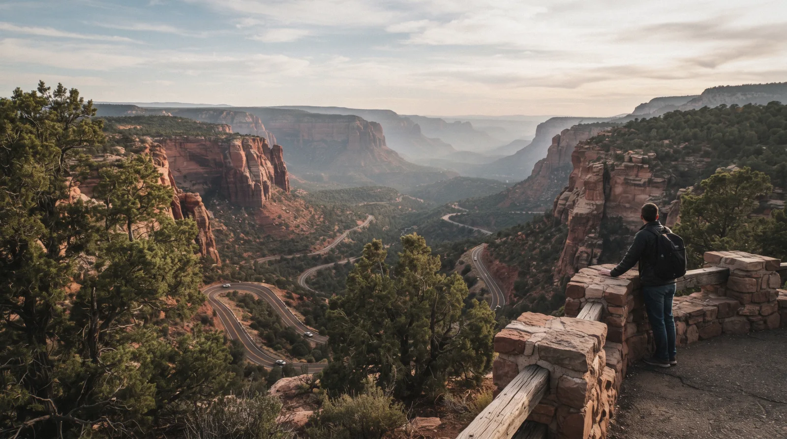 Highway 89A winding through red sandstone walls and pine forest along Oak Creek Canyon between Flagstaff and Sedona