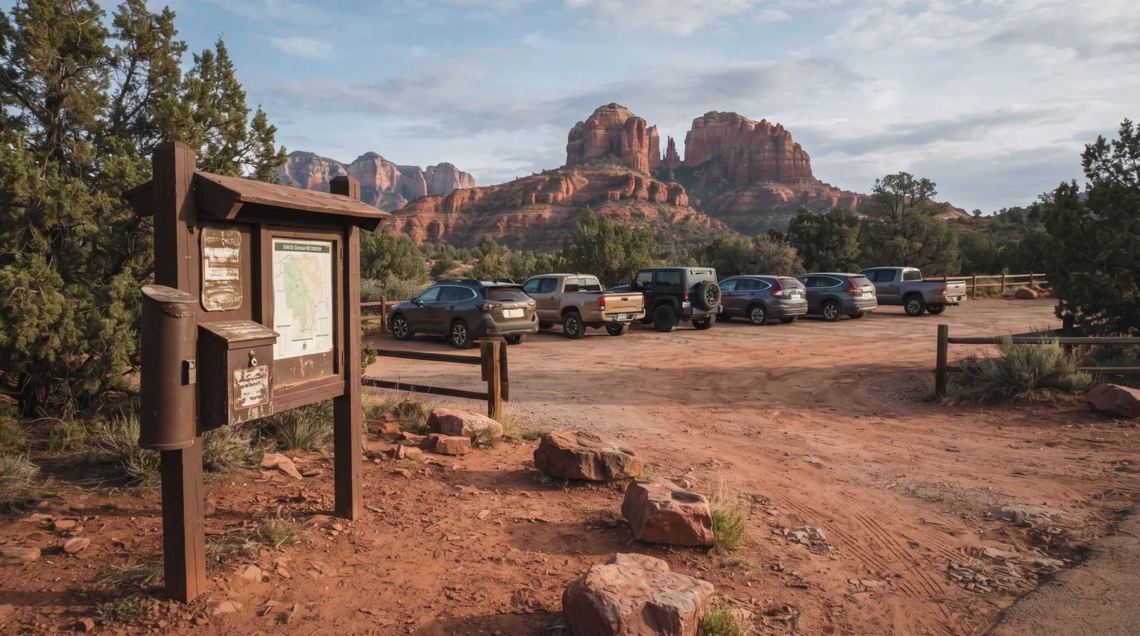 A car parked at a Coconino National Forest trailhead pullout near Sedona with a Red Rock Pass fee envelope on the dashboard