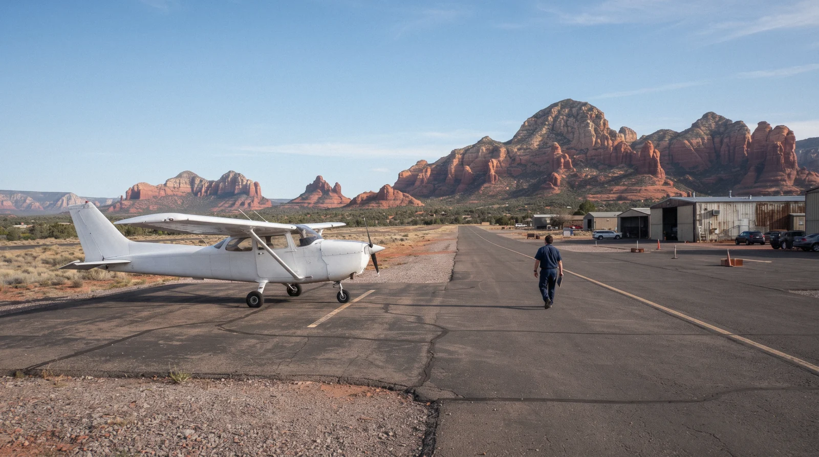 A red-and-white sightseeing helicopter banking over Cathedral Rock's sandstone spires on a Sedona helicopter tour at golden hour
