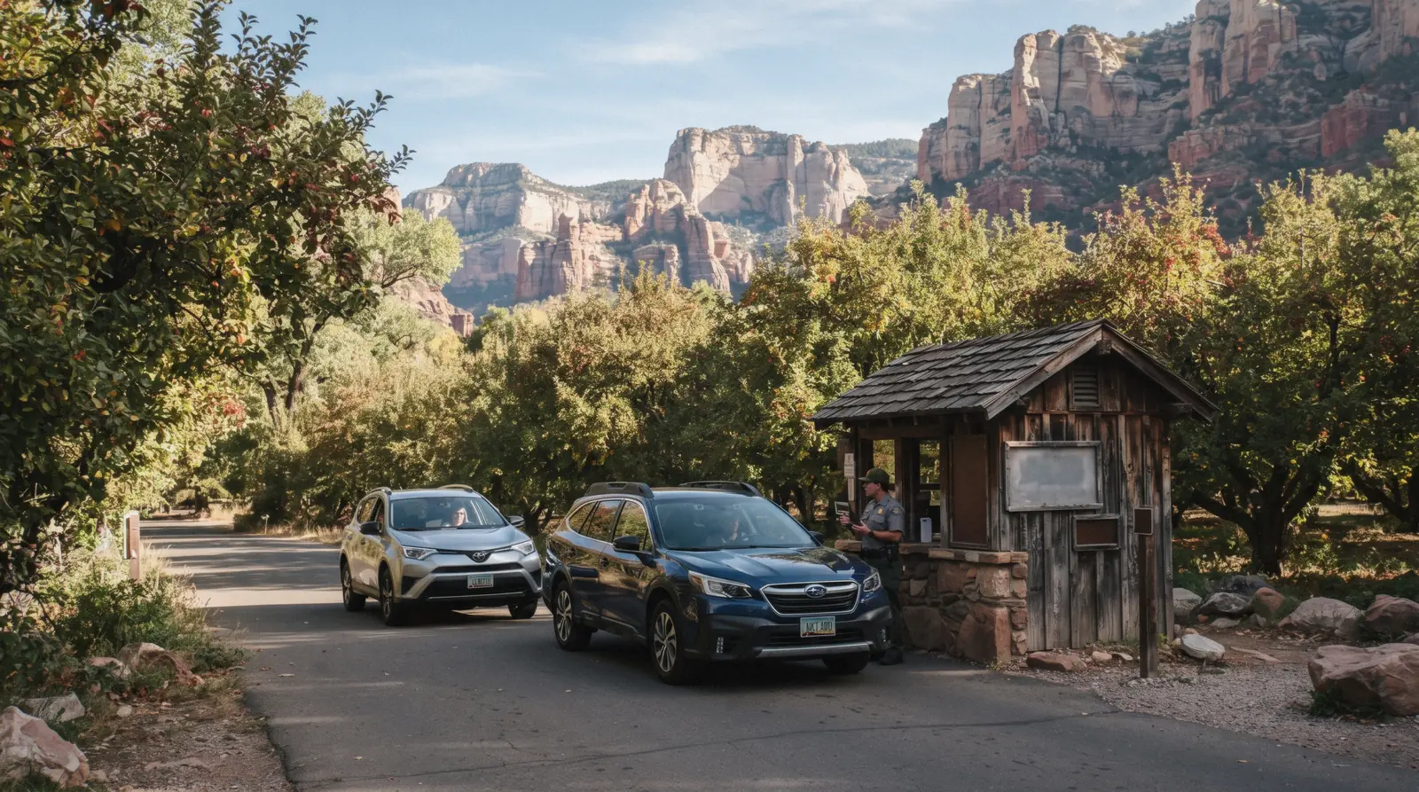 The entry station and vehicle line at Slide Rock State Park in Oak Creek Canyon near Sedona, where the per-vehicle entrance fee is collected