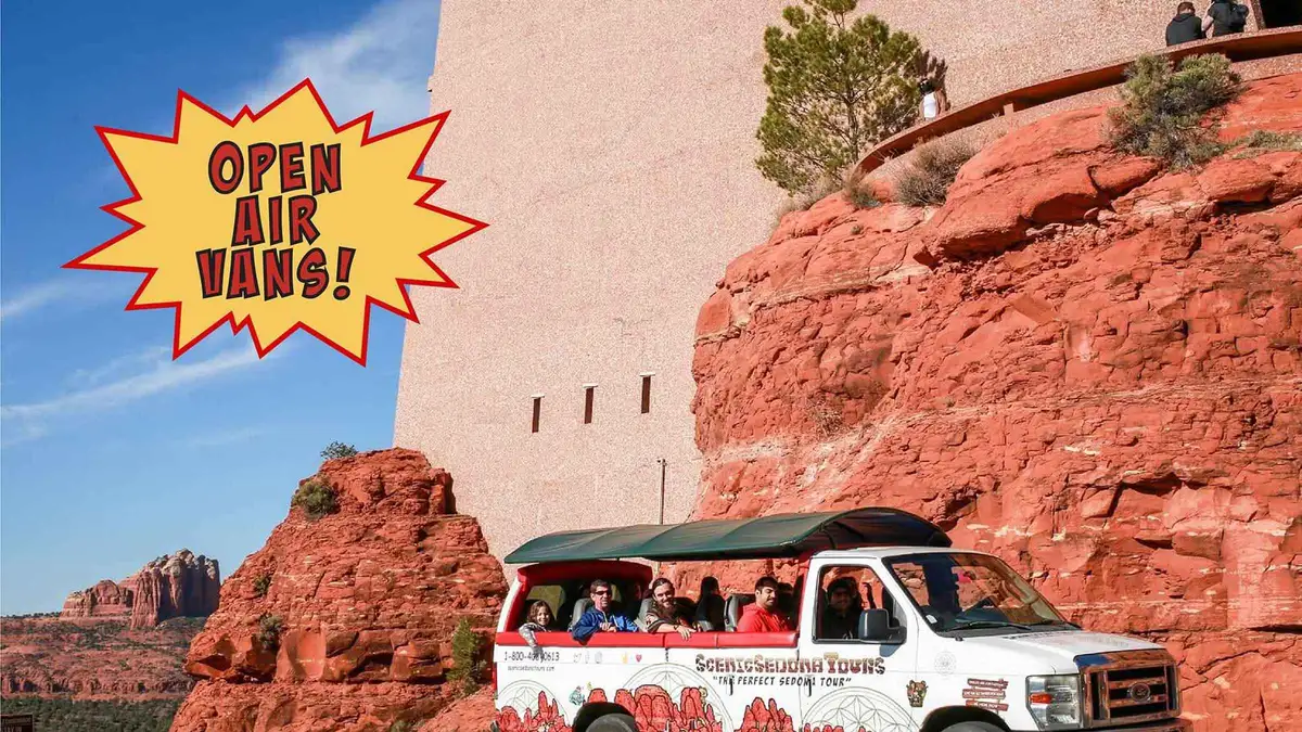 Open-air van stopped in uptown Sedona on a sightseeing and shopping tour