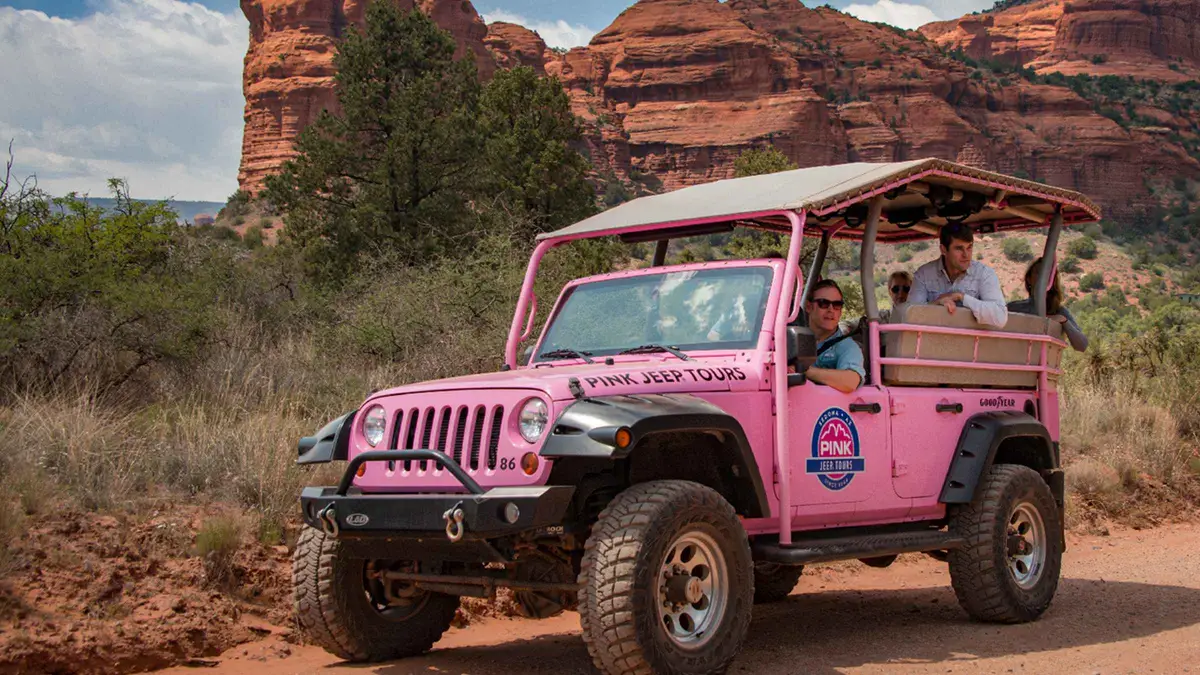 Ancient cliff dwellings viewed from a Jeep on a Sedona ruins tour