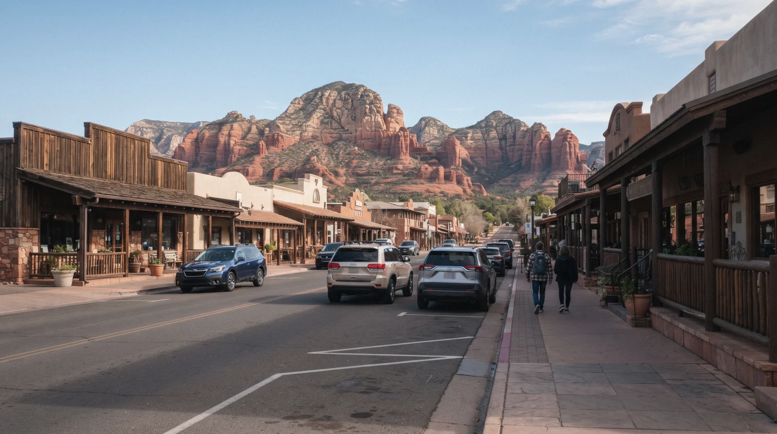 Shopfronts and red rock backdrop along the Uptown Sedona shopping strip near the Y junction