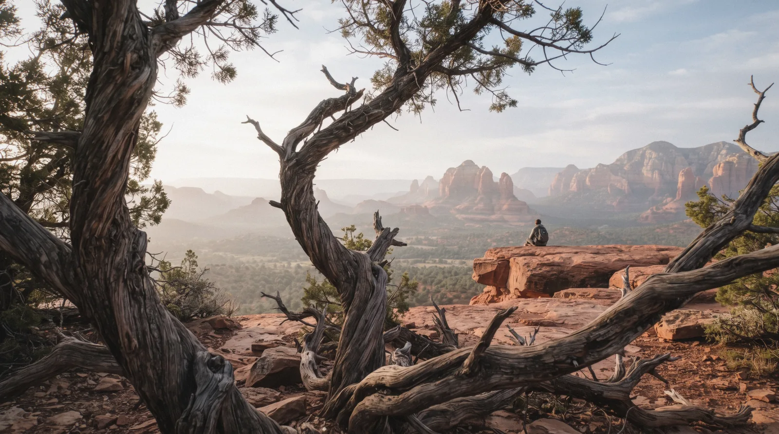 Wind-bent juniper on the saddle at Airport Mesa, one of the four named sedona vortex sites, at sunrise