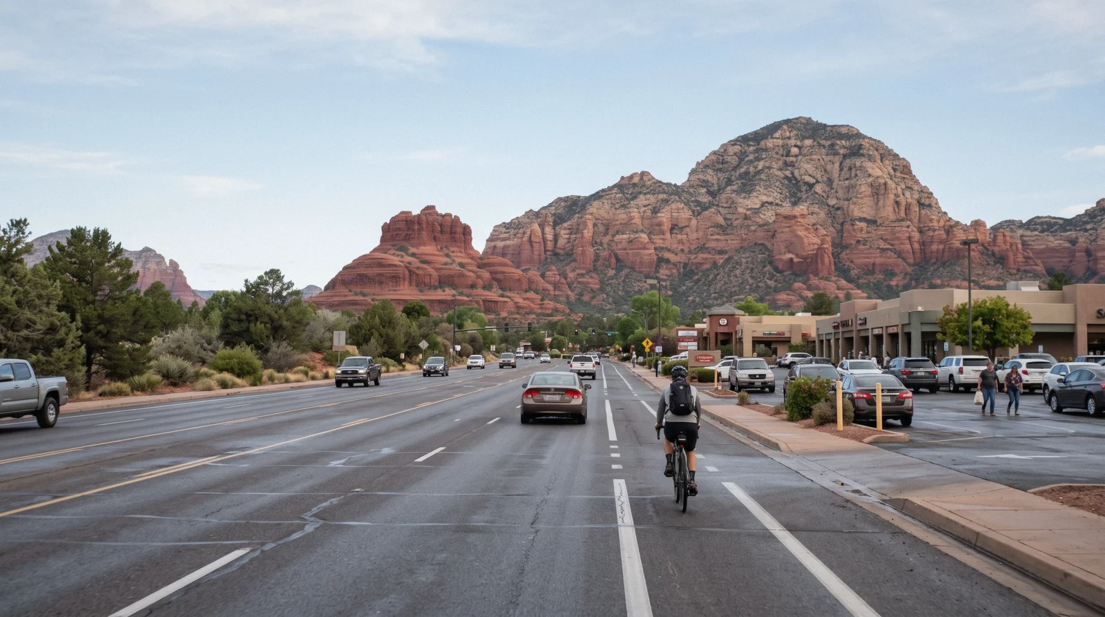 The SR-89A commercial strip in West Sedona with red rock formations visible above the rooftops
