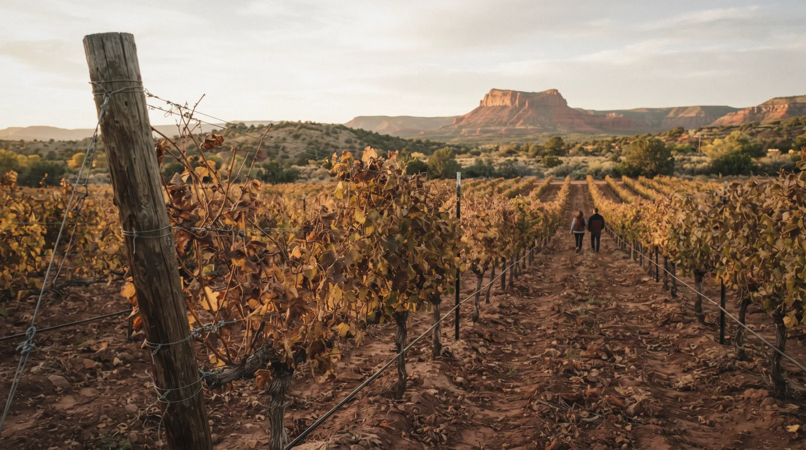 Rows of vines at sunset in the Verde Valley near Cornville, the wine country behind Sedona wine tours